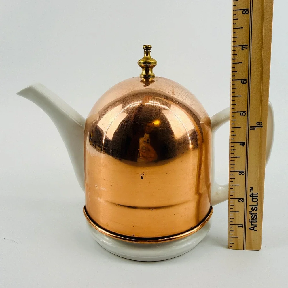 Vintage Copper Insulated Teapot White Ceramic Mid Century Tea Pot
